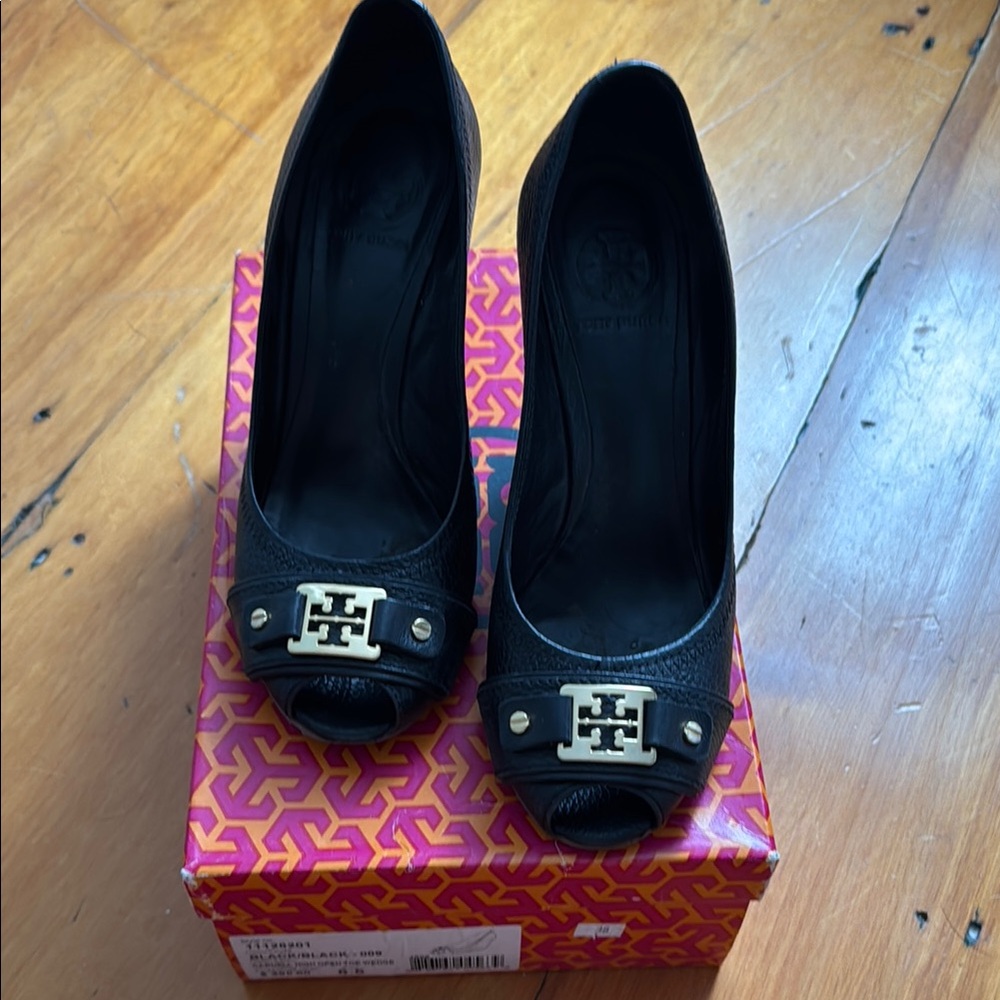 Tory Burch Black Peep-Toe Heels with Gold Accent